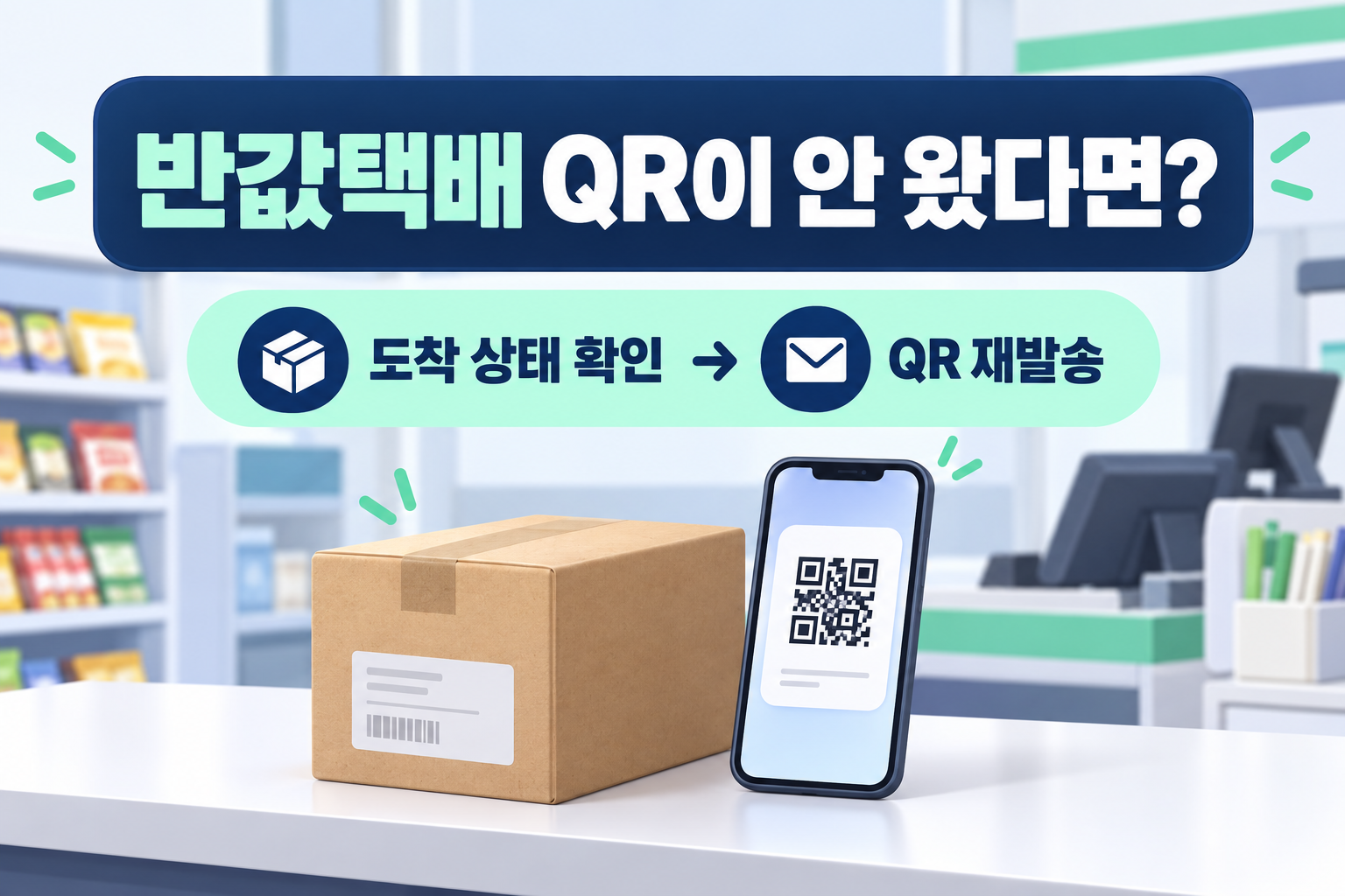 반값택배 QR 미수신 해결 순서를 표현한 AI 제작 안내 이미지 · 실제 앱 화면이나 QR코드가 아닙니다.